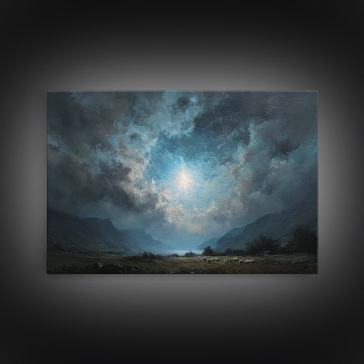 Heaven’s Valley Light | Framed Canvas Print | Christian Wall Art | Christian Art Canvas | Christmas Wall Art | Blue Christian Art | Christi