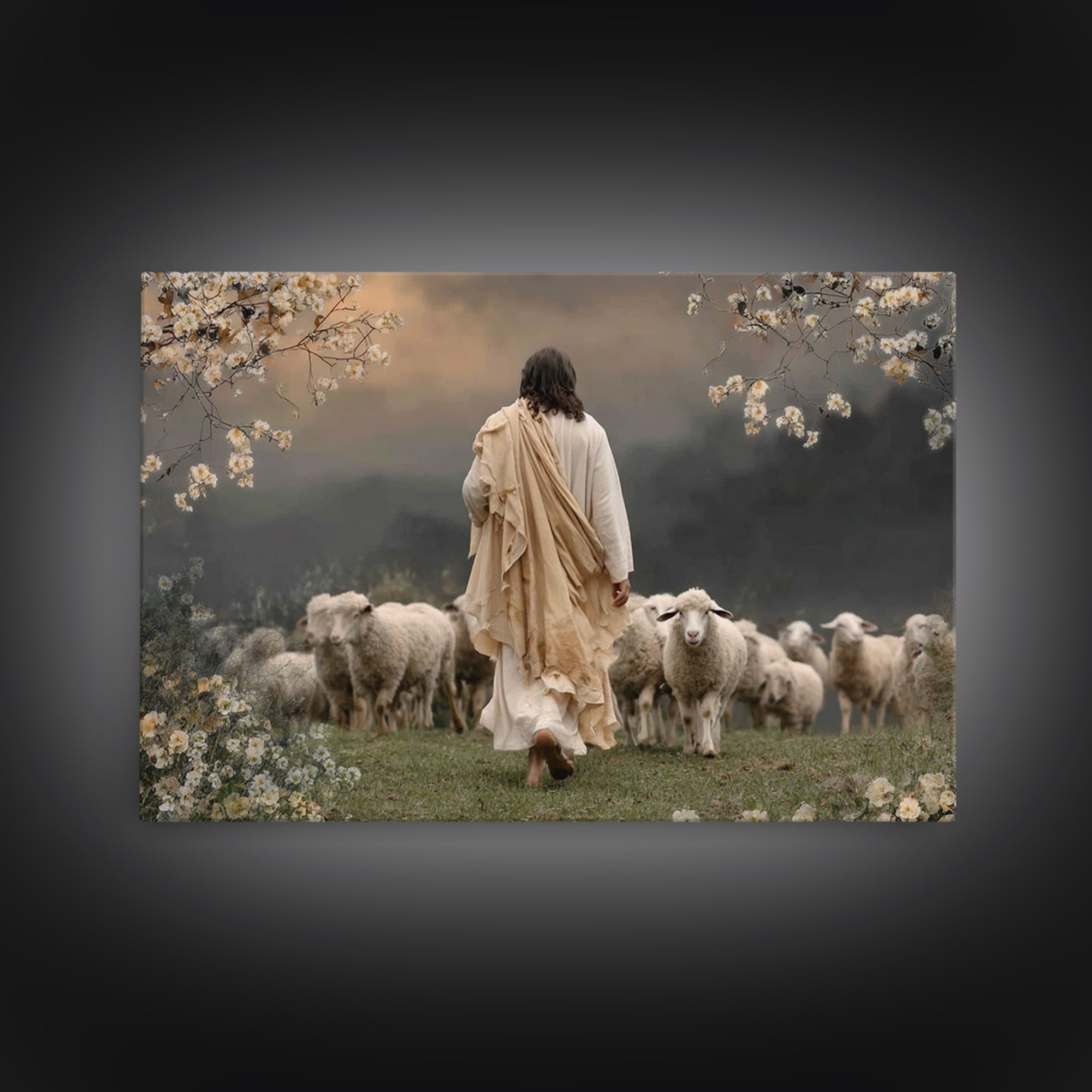 Graceful Pasture Walk | Framed Canvas Print | Jesus Painting | Christian Art Canvas | Christian Wall Art | Christian Gift | Modern Christia