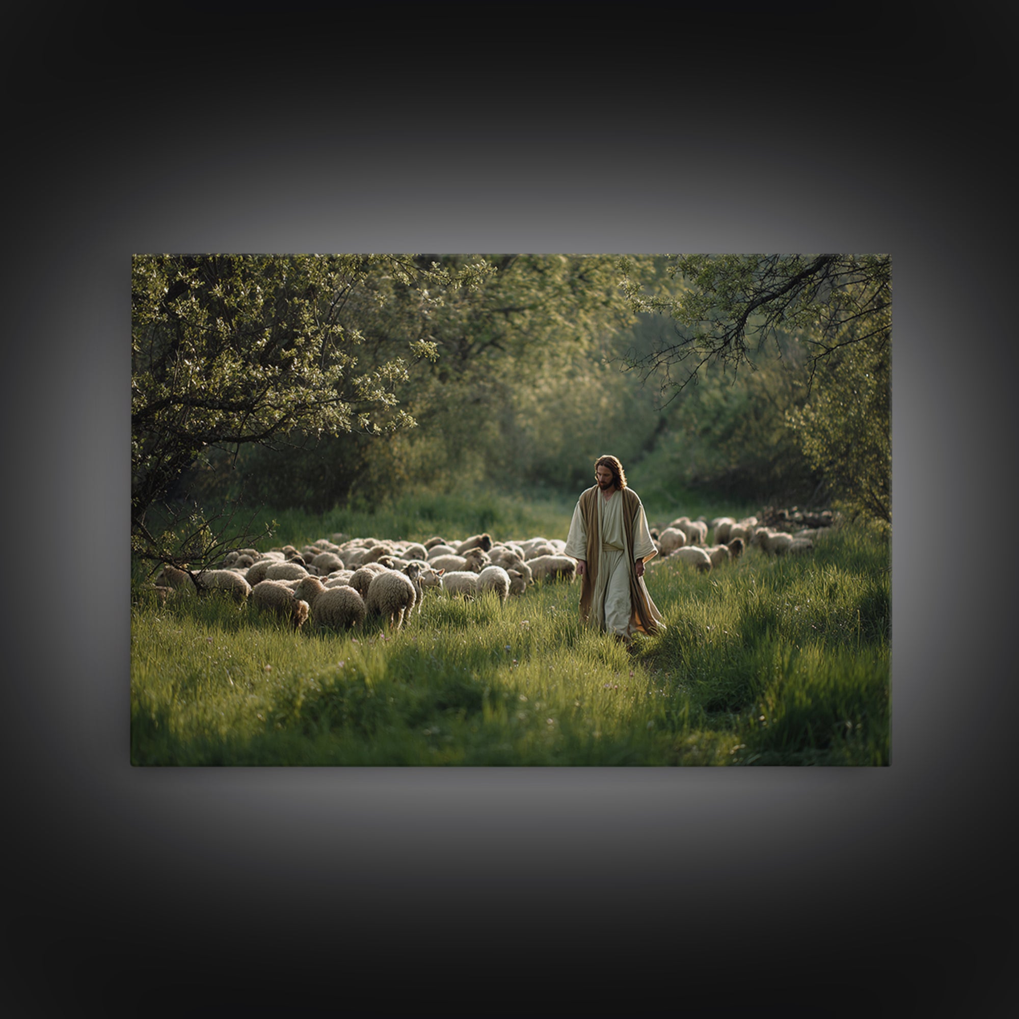 Pastoral Morning Peace – Framed Canvas Print – Christian Art Prints – Christian Wall Art – Jesus Painting – Christian Art Canvas – Subtle C