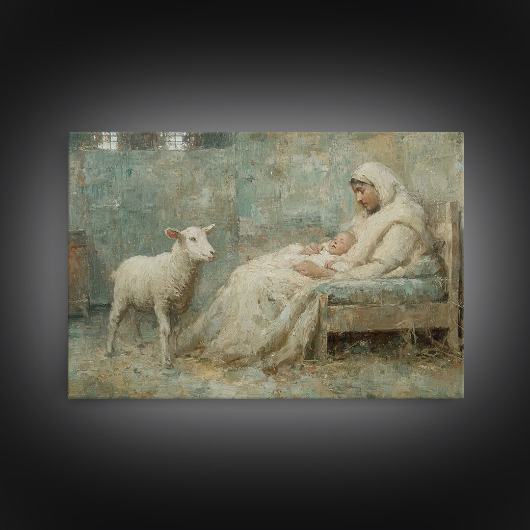 Nativity Stillness, Framed Canvas Print, Christian Wall Art, Christmas Canvas Wall Art, Jesus Painting, Moody Christmas Art, Christian Art
