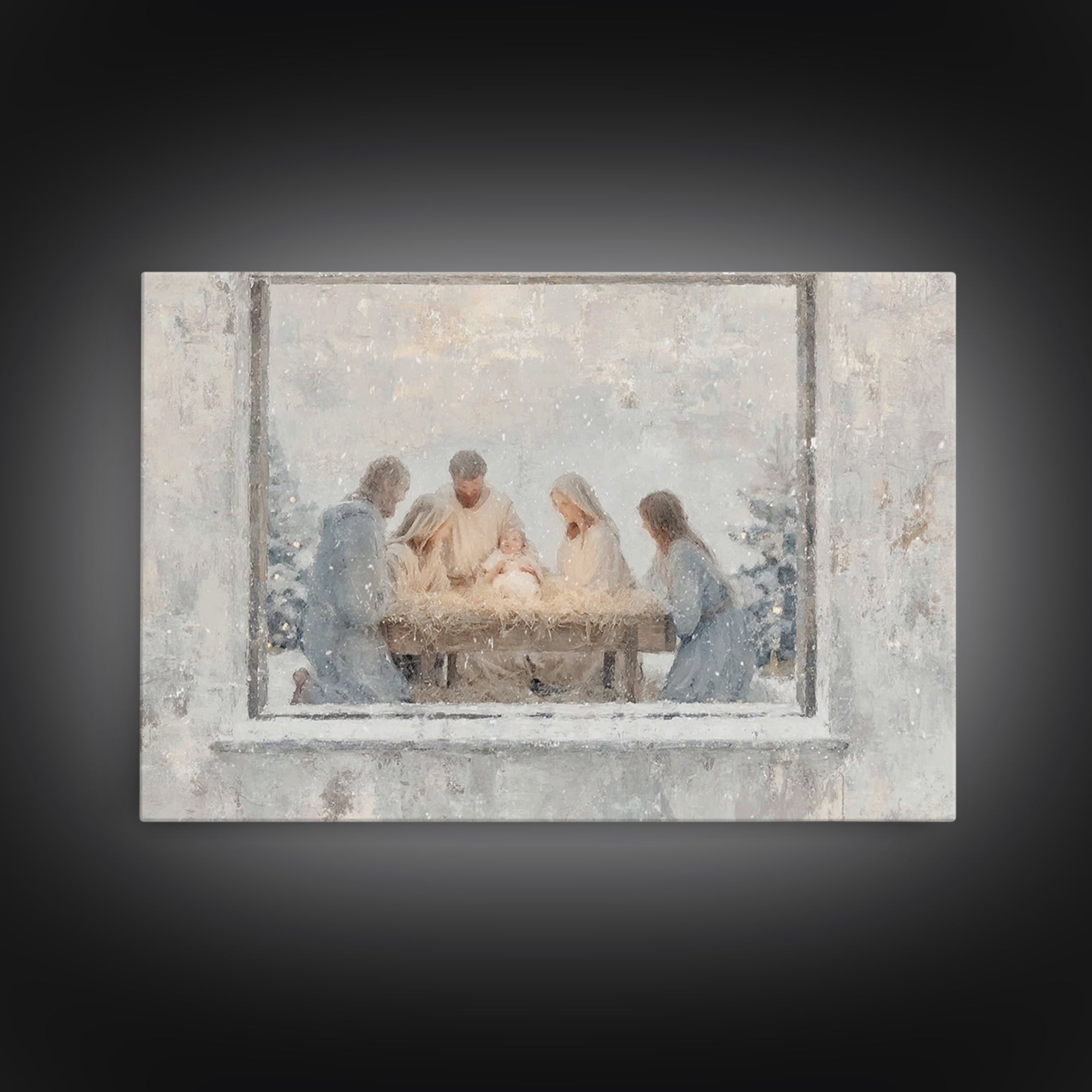Holy Night Gathering Light – Framed Canvas Print – Christian Wall Art – Christian Art Canvas – Jesus Painting – Christian Christmas Art