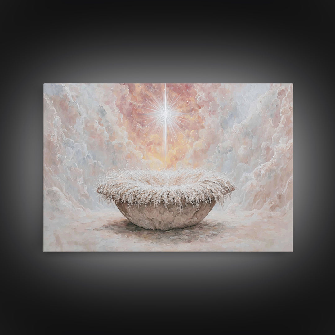 Heavenly Cradle Glow – Framed Canvas Print – Christian Art Canvas – Framed Christian Art – Christmas Wall Art – Vintage Christmas Art