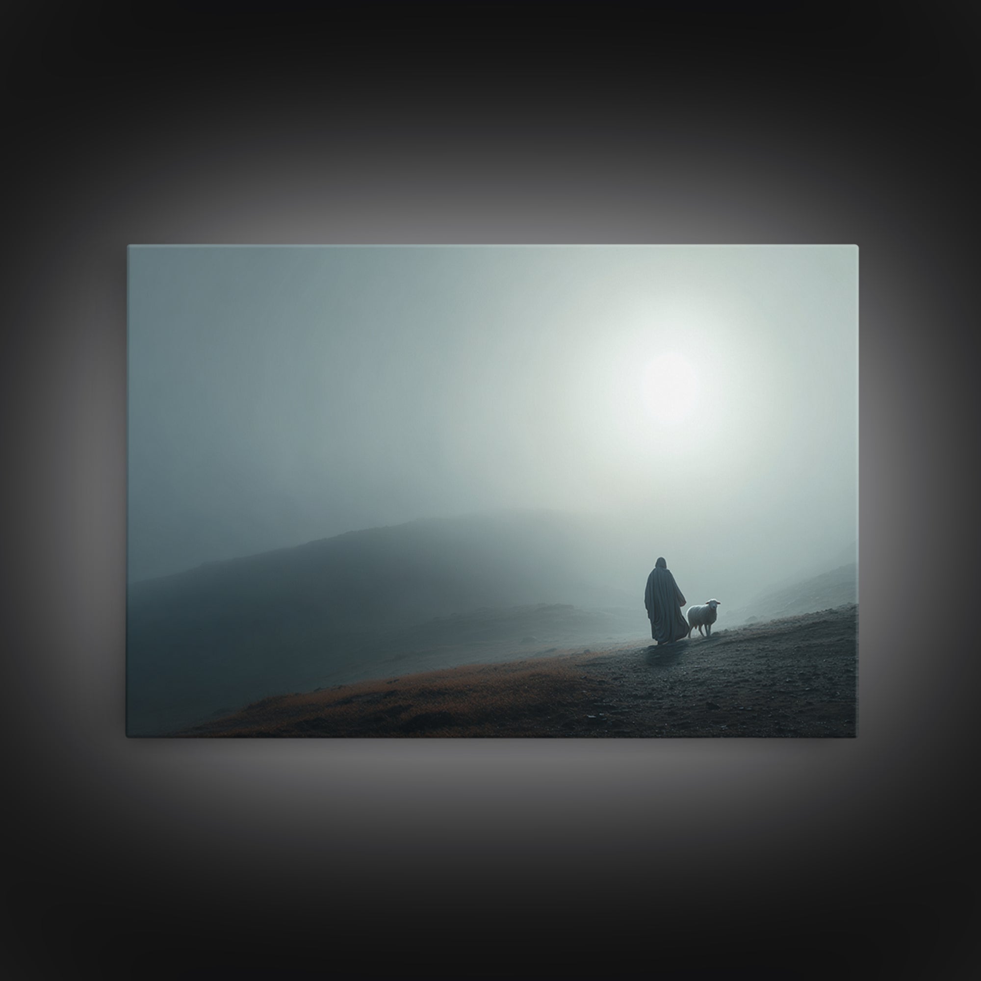Misty Valley Shepherd – Framed Canvas Print – Christian Art Painting – Christian Decor – Blue Christian Art – Large Jesus Wall Art