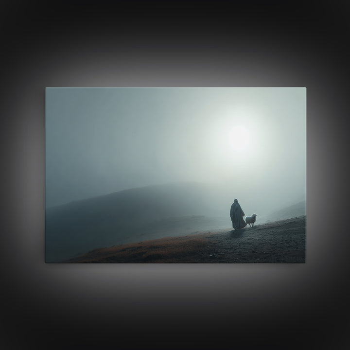 Misty Valley Shepherd – Framed Canvas Print – Christian Art Painting – Christian Decor – Blue Christian Art – Large Jesus Wall Art