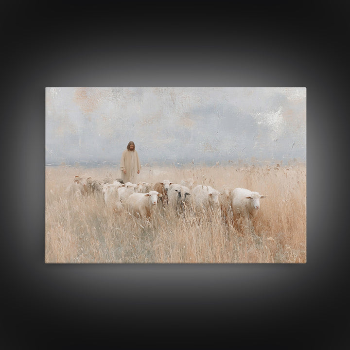 Golden Field Shepherd, Framed Canvas Print, Christian Art Canvas, Jesus Painting, Christian Wall Art, Christian Art Gift, Large Christian A