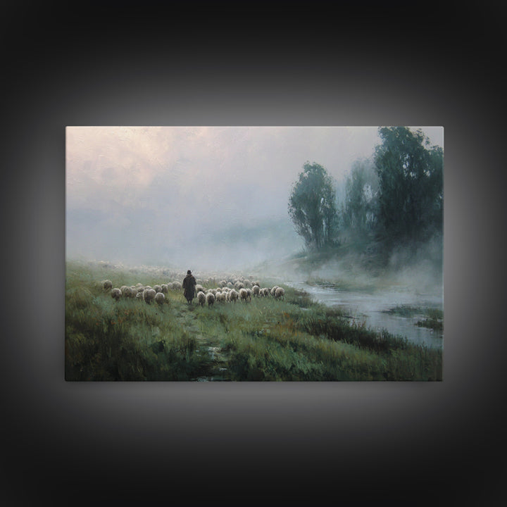 Misty River Flock | Framed Canvas Print | Christian Wall Art | Christian Painting | Christian Art Canvas | Subtle Christian Art | Christian
