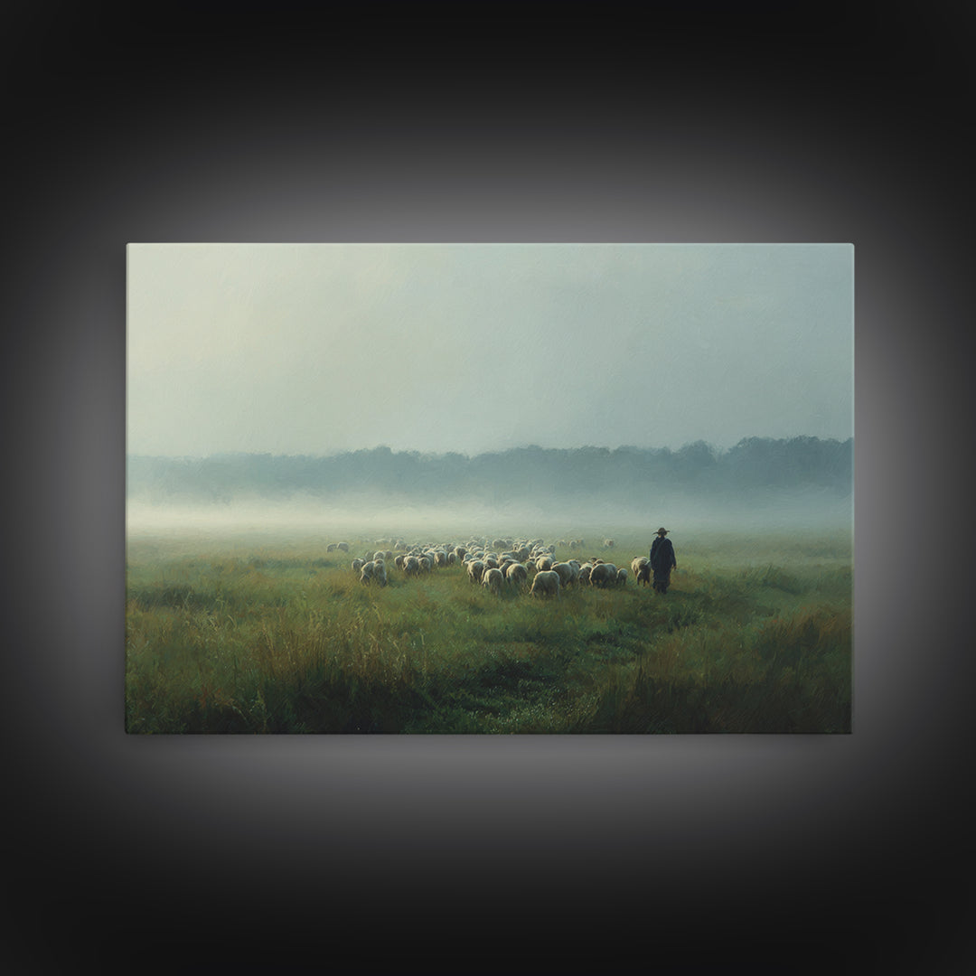 Morning Meadow Flock, Framed Canvas Print, Christian Art Work, Christian Wall Art, Jesus Painting, Large Christian Painting, Christian Art