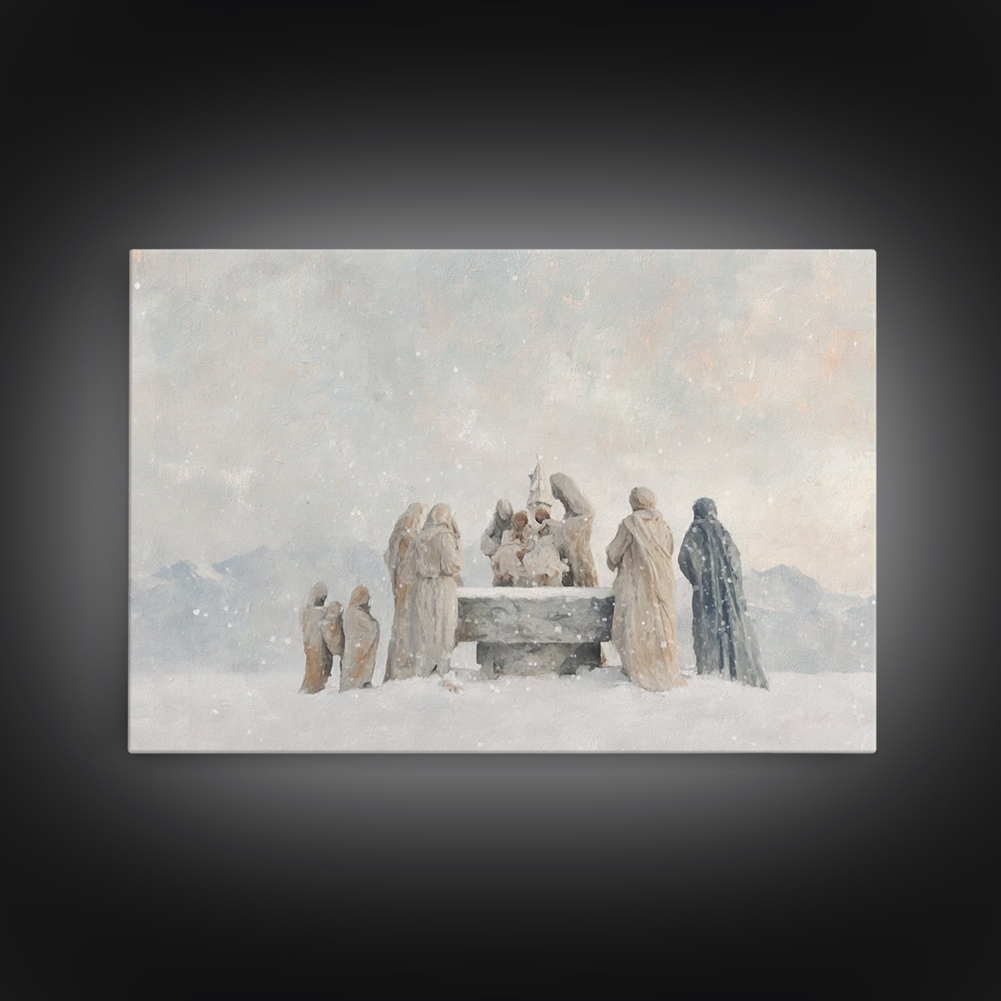 Snowfall Reverence – Framed Canvas Print – Christian Wall Art – Christian Art Canvas – Christmas Art – Jesus Christmas Art – Christian Gift