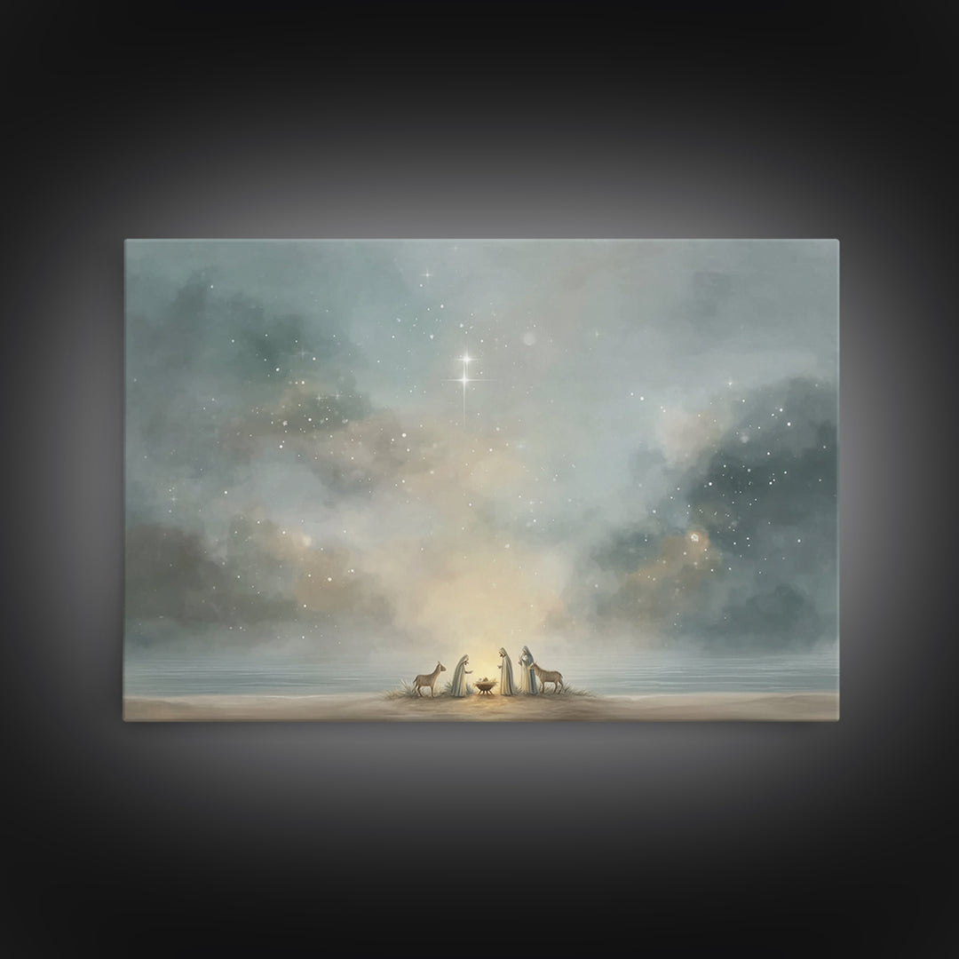 Starry Night Nativity – Framed Canvas Print – Christian Christmas Art – Christian Wall Art – Jesus Painting – Christmas Art Prints – Christ