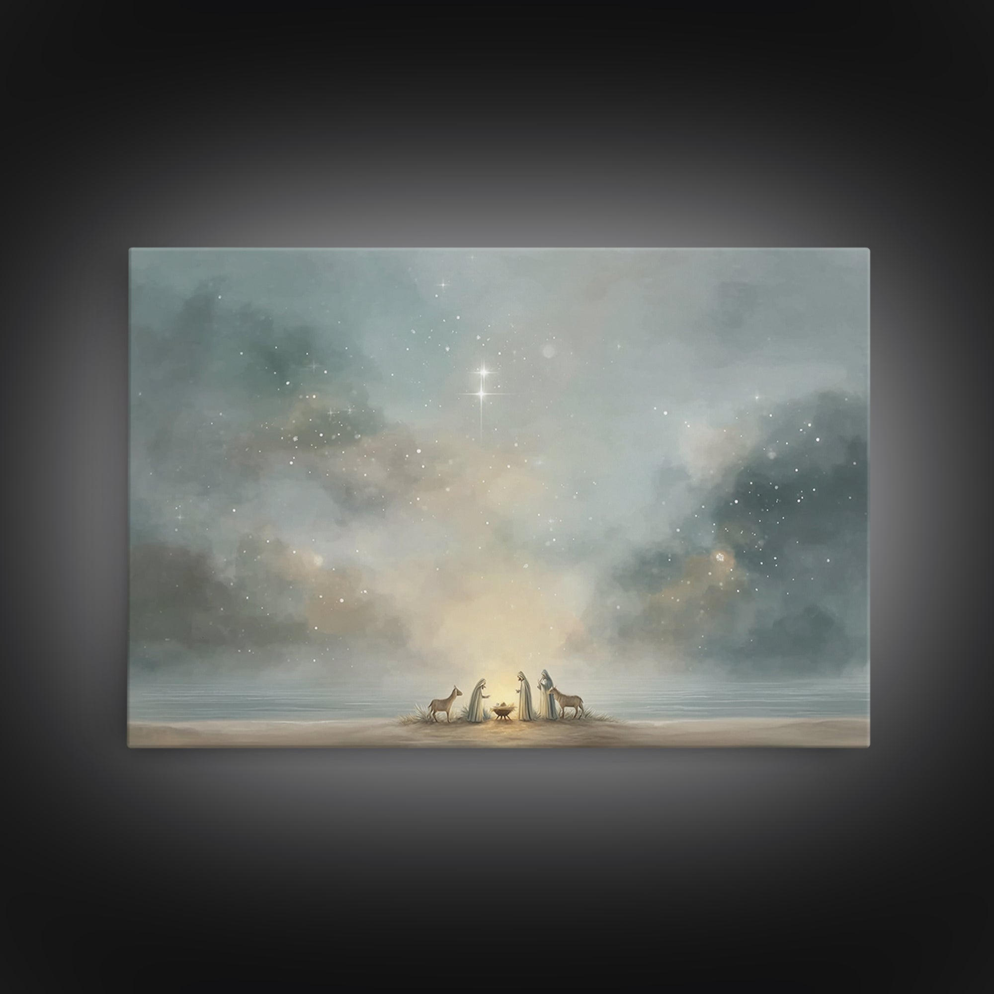 Starry Night Nativity – Framed Canvas Print – Christian Christmas Art – Christian Wall Art – Jesus Painting – Christmas Art Prints – Christ