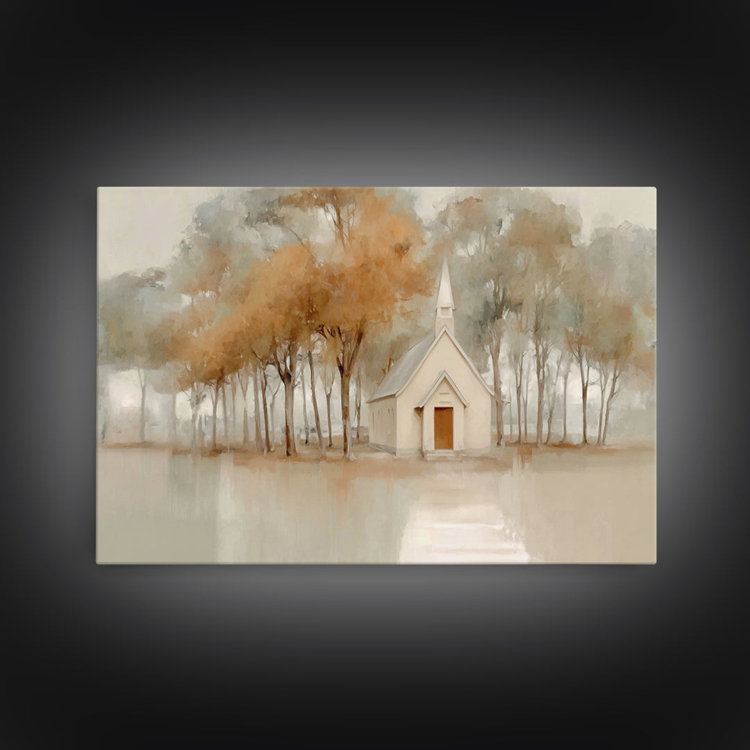 Evening Chapel Glow, Framed Canvas Print, Christian Wall Art, Christian Art Canvas, Moody Christmas Art, Christian Christmas Decor, Christi