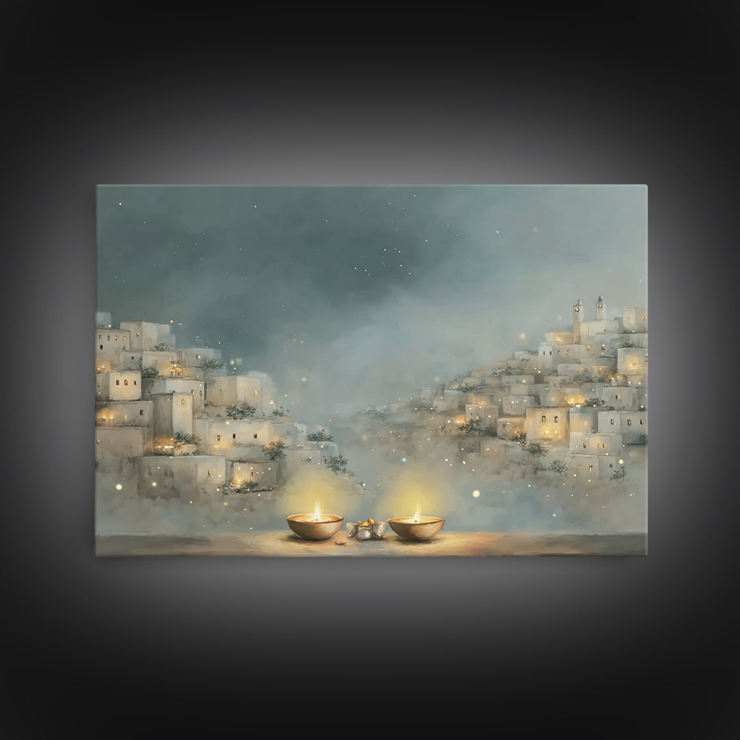 City Of Lights, Framed Canvas Print, Christmas Wall Art, Christian Christmas Art, Christian Decor For Home, Christian Art Print, Christian