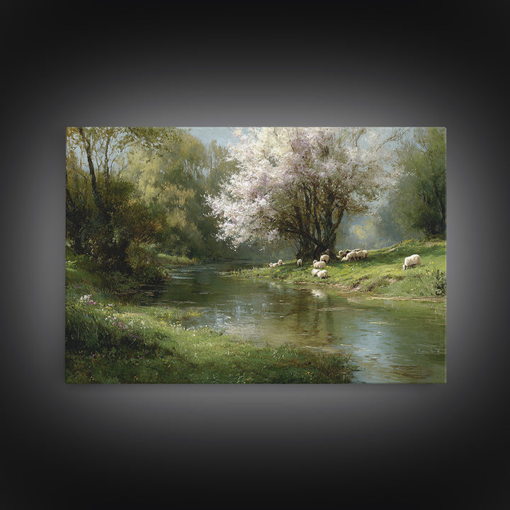 Spring Pasture Peace – Framed Canvas Print – Christian Wall Art – Christian Art Canvas – Pastoral Scenery – Christian Painting – Christian