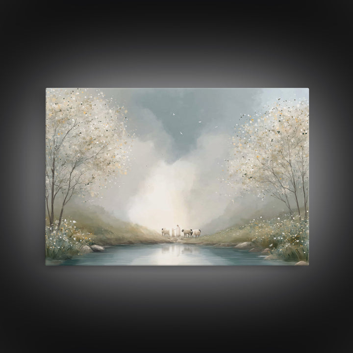 Riverside Dawn Peace – Framed Canvas Print – Christian Wall Art – Christian Art Canvas – Pastoral Scenery – Christian Art Prints – Christia