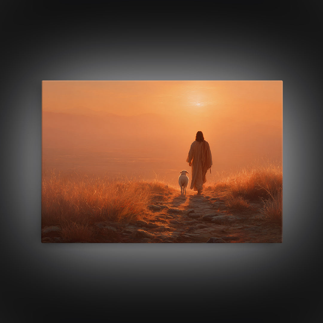 Sunset Shepherd Peace – Framed Canvas Print – Christian Wall Art – Christian Art Canvas – Pastoral Scenery – Christian Painting – Christian