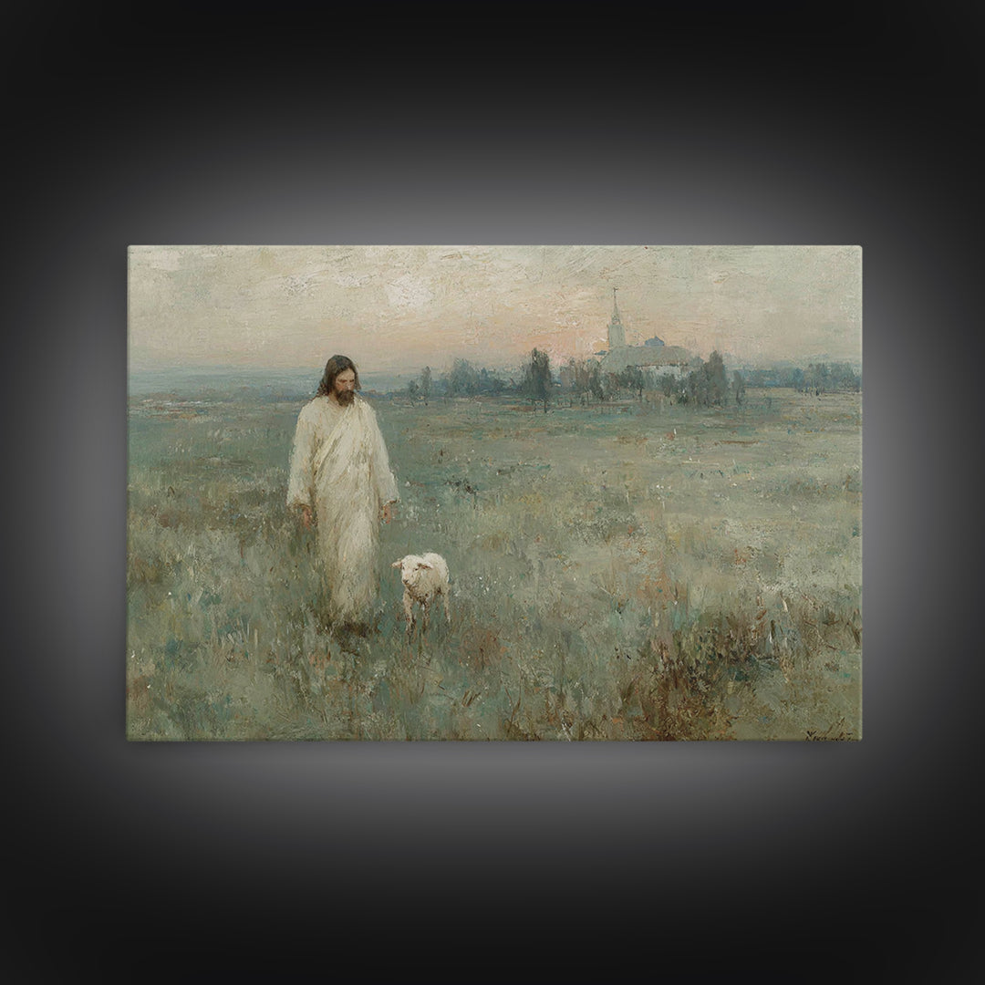 Shepherd At Sunrise, Framed Canvas Print, Christian Wall Art, Christian Art Canvas, Vintage Christian Art, Christian Painting, Christian Gi