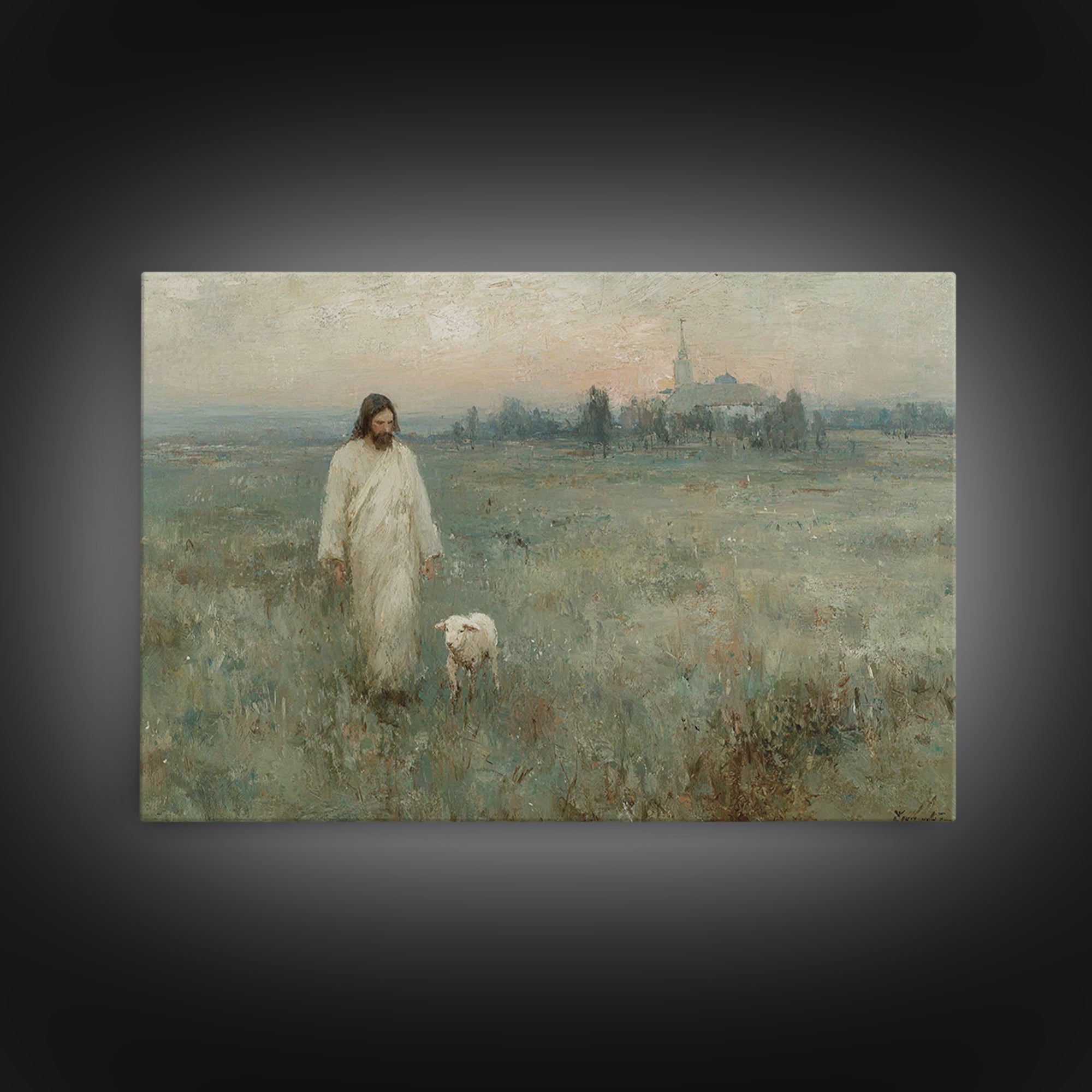 Shepherd At Sunrise, Framed Canvas Print, Christian Wall Art, Christian Art Canvas, Vintage Christian Art, Christian Painting, Christian Gi