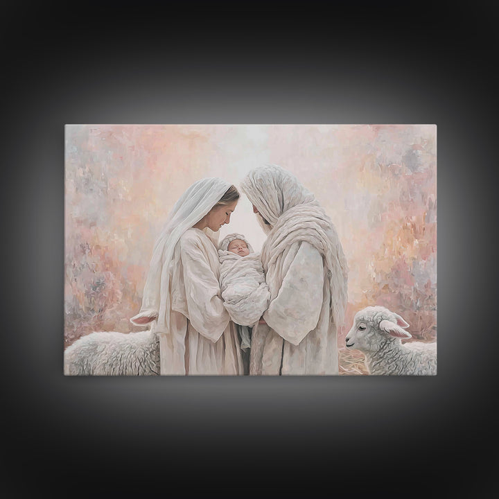 Wooden Nativity Glow, Framed Canvas Print, Christian Art Canvas, Christian Wall Art, Jesus Painting, Christian Christmas Art, Christmas Art