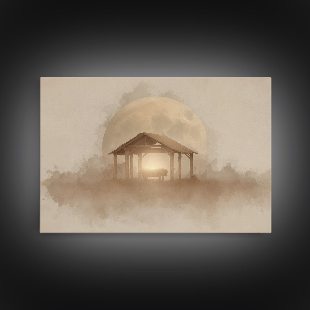 Silent Manger Moon – Framed Canvas Print – Christian Wall Art – Christmas Art Prints – Christian Art Canvas – Christian Christmas Art – Jes
