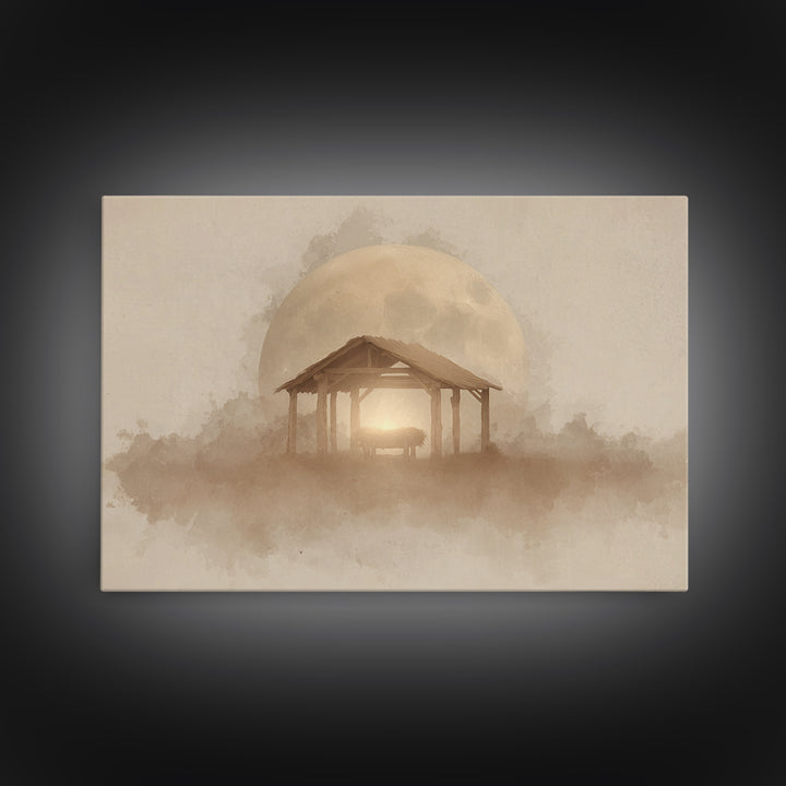 Silent Manger Moon – Framed Canvas Print – Christian Wall Art – Christmas Art Prints – Christian Art Canvas – Christian Christmas Art – Jes