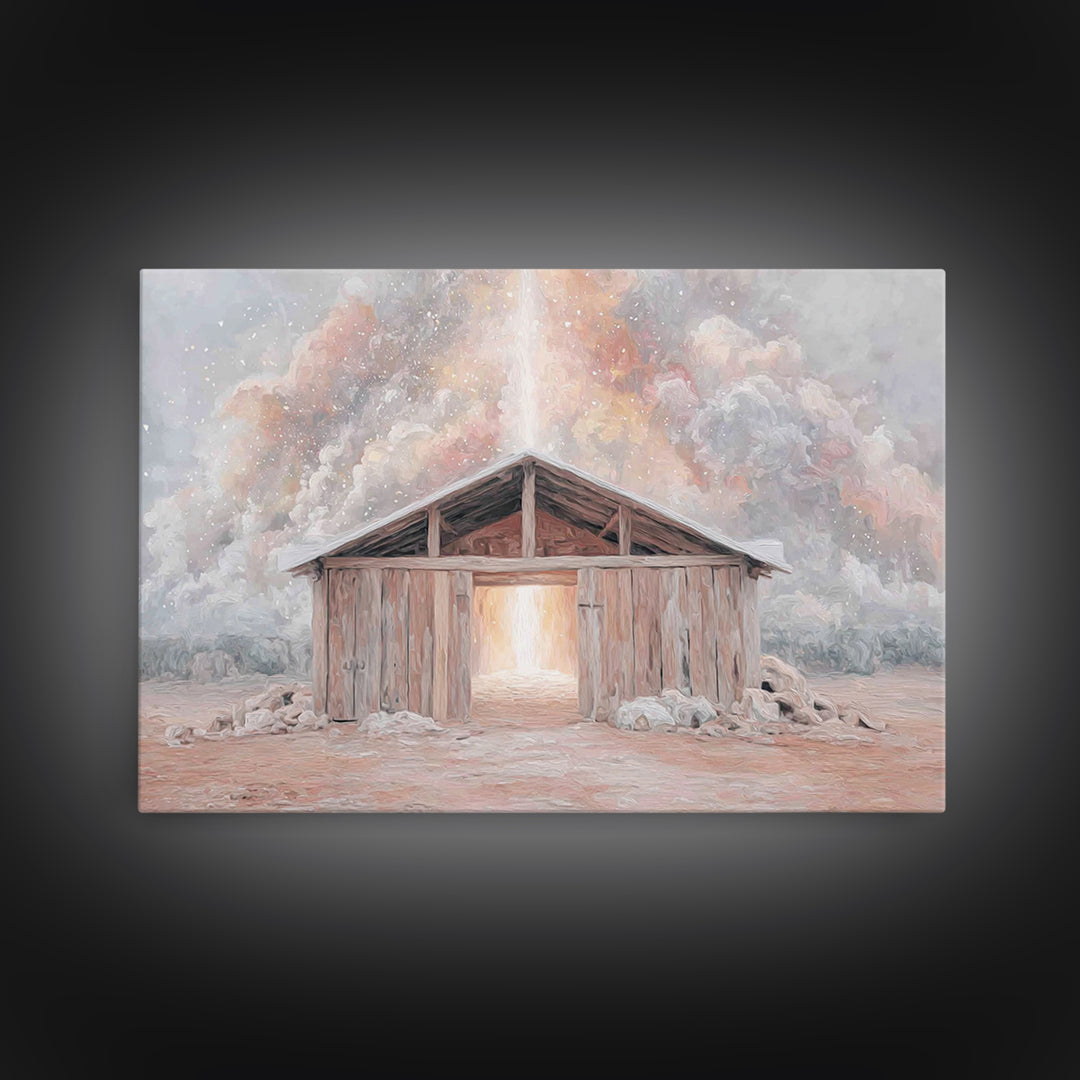 Heaven’s Stable Fire, Framed Canvas Print, Christian Art Canvas, Christian Wall Art, Christian Christmas Art, Christmas Art Prints, Jesus P