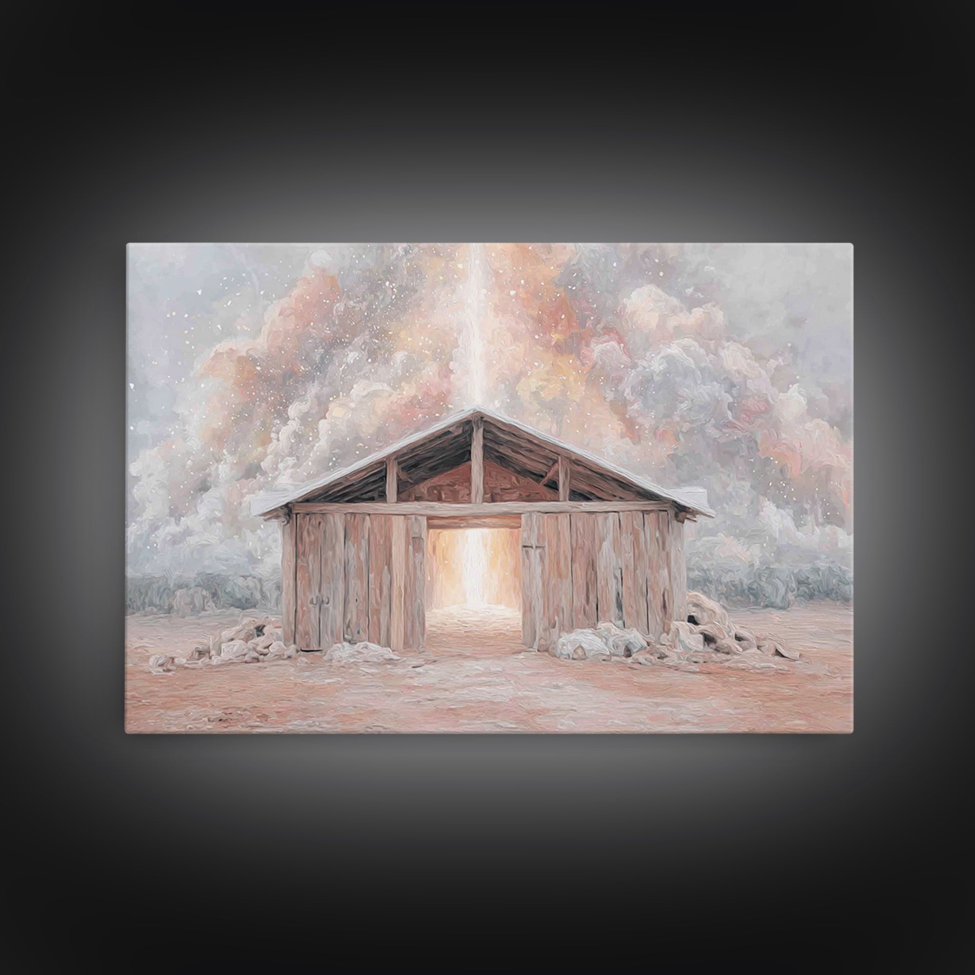 Heaven’s Stable Fire, Framed Canvas Print, Christian Art Canvas, Christian Wall Art, Christian Christmas Art, Christmas Art Prints, Jesus P