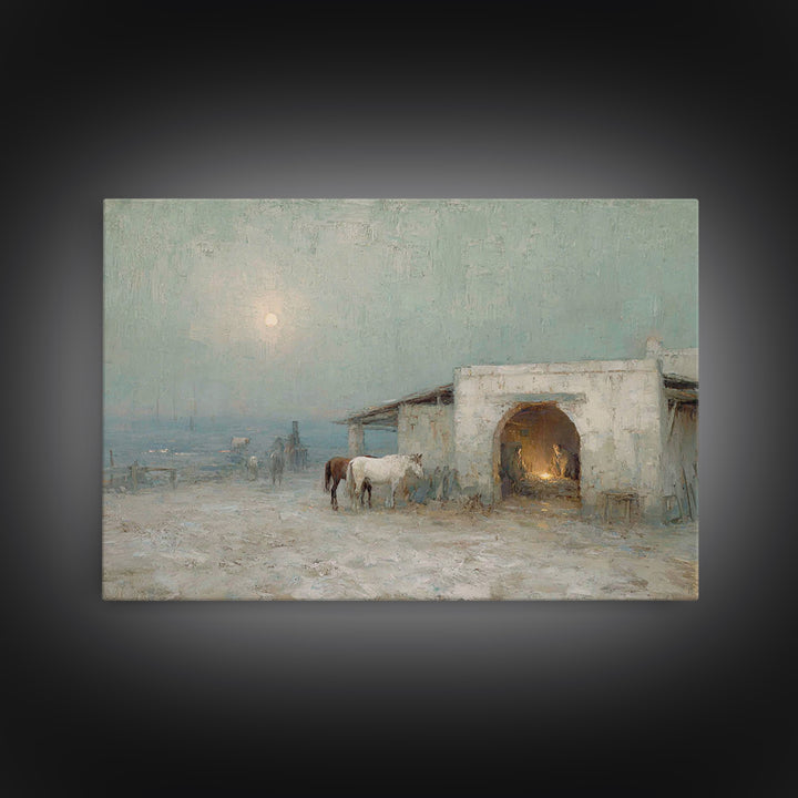 Pastoral Bethlehem Night – Framed Canvas Print – Christian Art Canvas – Christian Wall Art – Jesus Painting – Christmas Art Prints – Christ