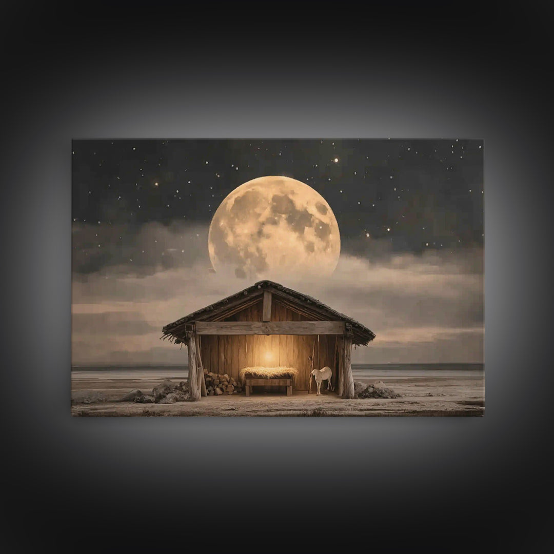 Starlit Holy Shelter, Framed Canvas Print, Christian Christmas Art, Jesus Painting, Christian Wall Art, Christmas Art Prints, Christian Art