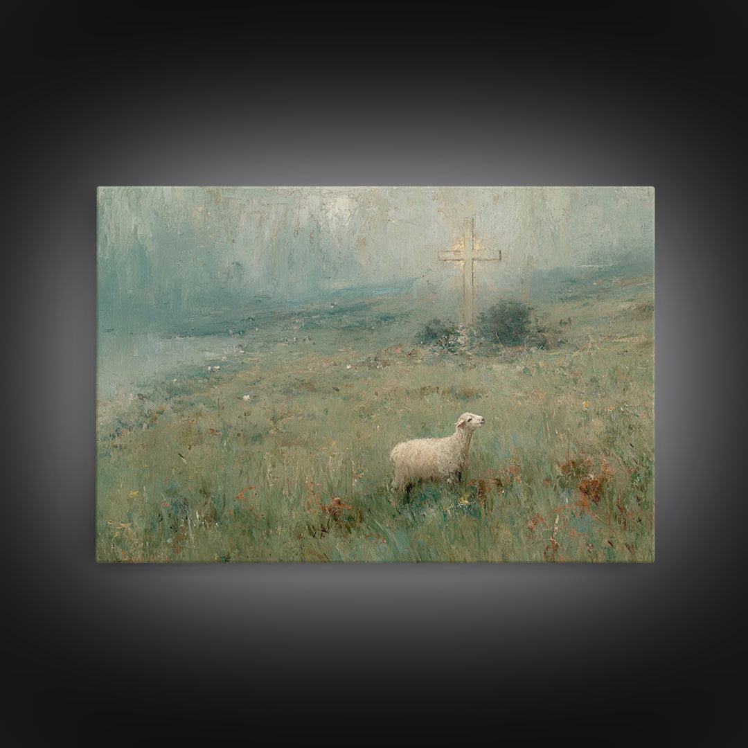 Hillside Lamb Hope – Framed Canvas Print – Christian Christmas Art – Christian Wall Art – Jesus Painting – Christian Art Canvas – Vintage C