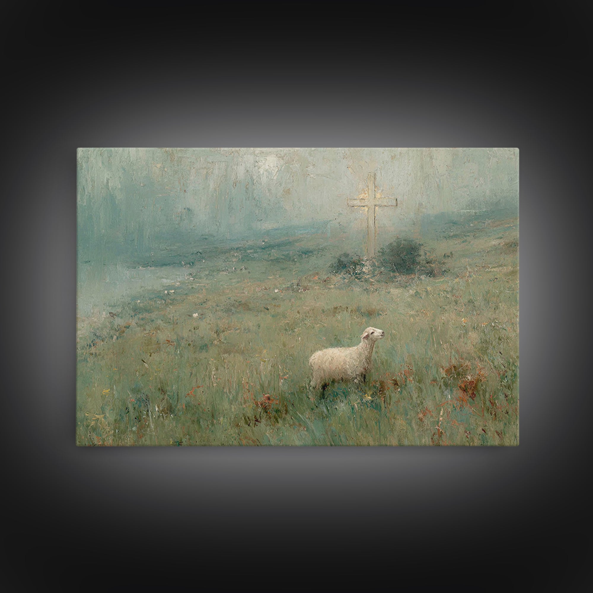 Hillside Lamb Hope – Framed Canvas Print – Christian Christmas Art – Christian Wall Art – Jesus Painting – Christian Art Canvas – Vintage C