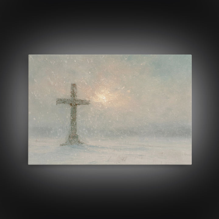 Silent Cross Snow – Framed Canvas Print – Christian Christmas Art – Christian Art Canvas – Christian Wall Art – Subtle Christian Art – Chri
