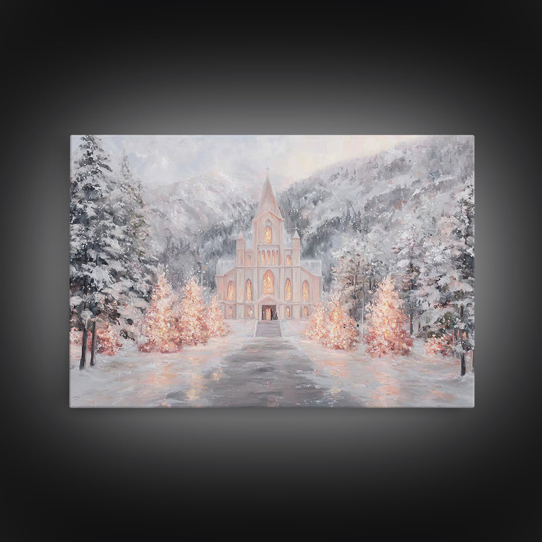 Mountain Chapel Light, Framed Canvas Print, Christmas Wall Art, Christian Art Canvas, Framed Christmas Art, Christian Christmas Art, Christ