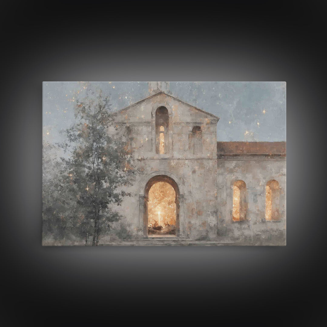 Starry Chapel Glow – Framed Canvas Print – Christian Wall Art – Christian Art Canvas – Christmas Art – Christian Christmas Decor – Jesus Ch