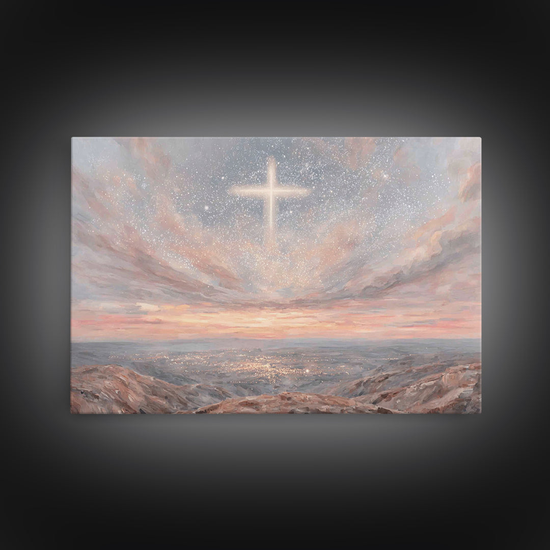 Heaven’s Cross Light – Framed Canvas Print – Christian Wall Art – Christian Art Canvas – Christmas Art – Christian Christmas Art – Subtle C