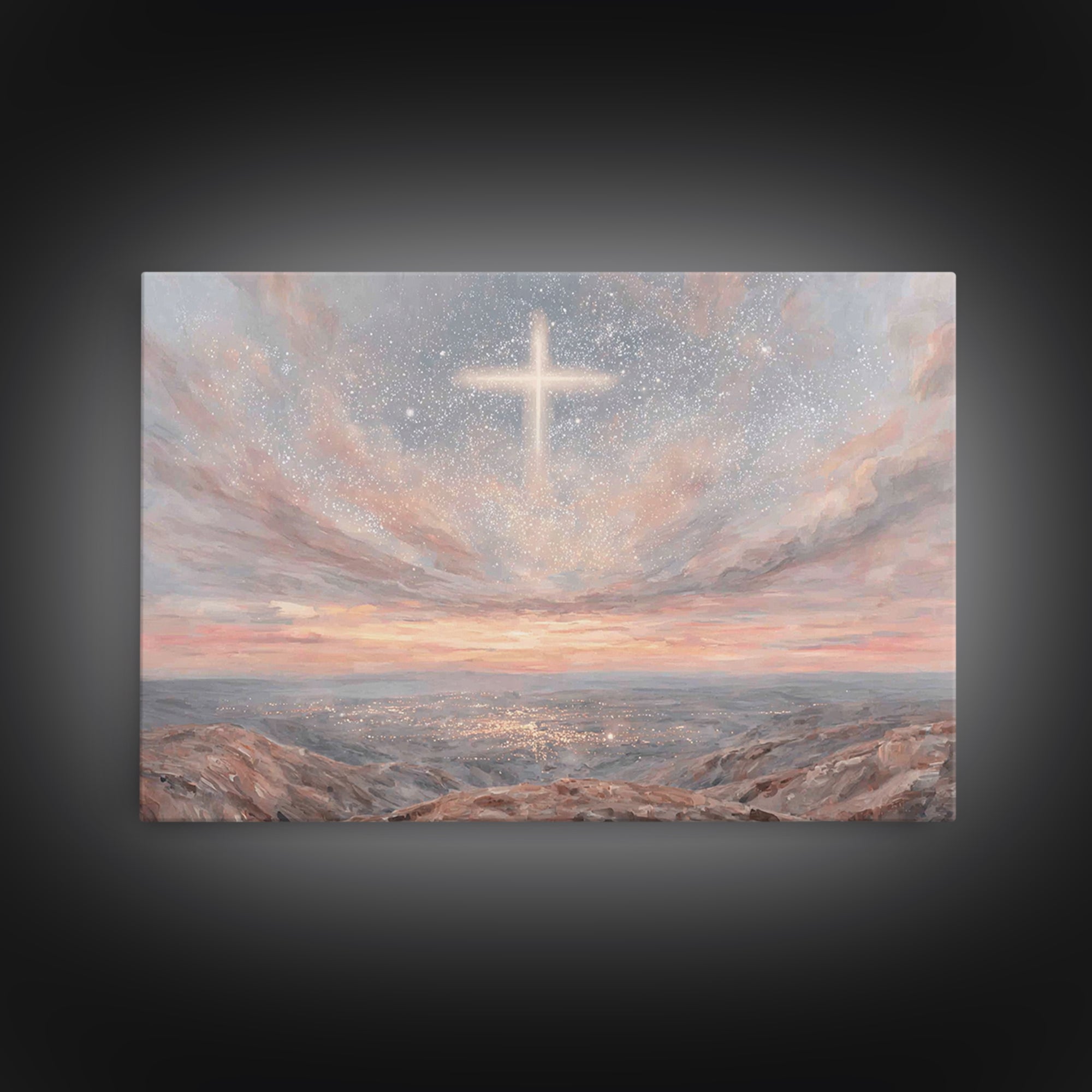 Heaven’s Cross Light – Framed Canvas Print – Christian Wall Art – Christian Art Canvas – Christmas Art – Christian Christmas Art – Subtle C