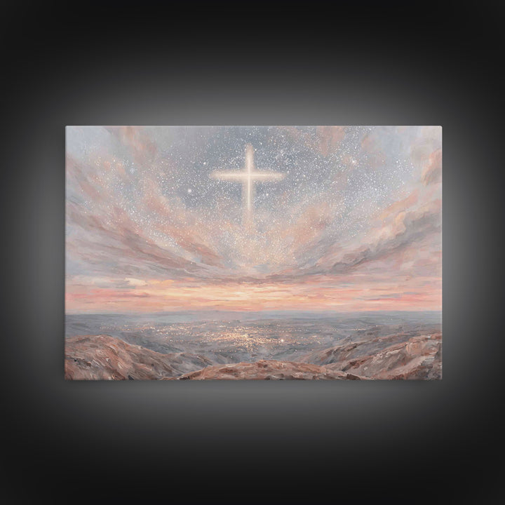 Heaven’s Cross Light – Framed Canvas Print – Christian Wall Art – Christian Art Canvas – Christmas Art – Christian Christmas Art – Subtle C