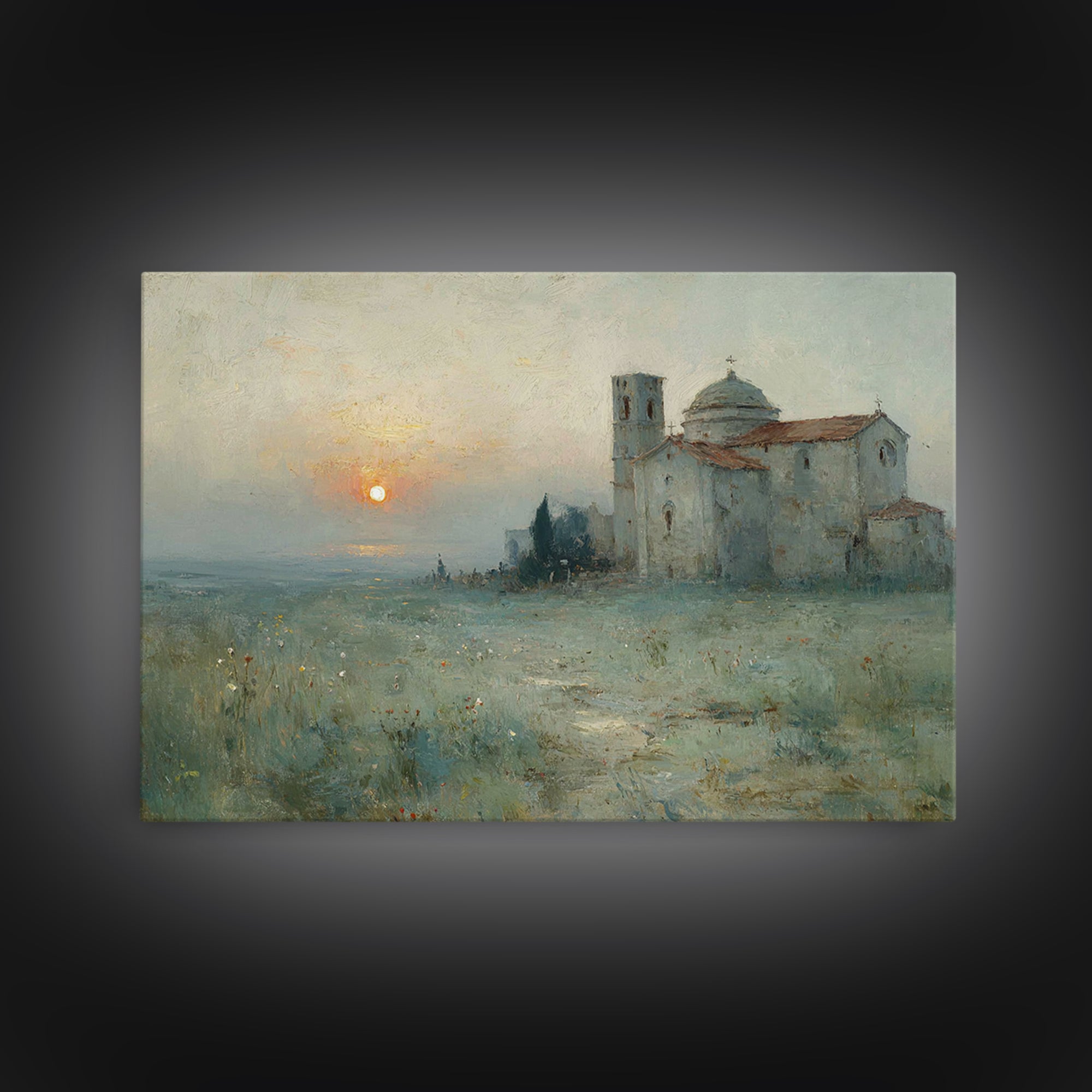 Sunrise By The Chapel – Framed Canvas Print – Christian Wall Art – Christian Art Canvas – Vintage Christian Art – Christian Art Prints – Ch