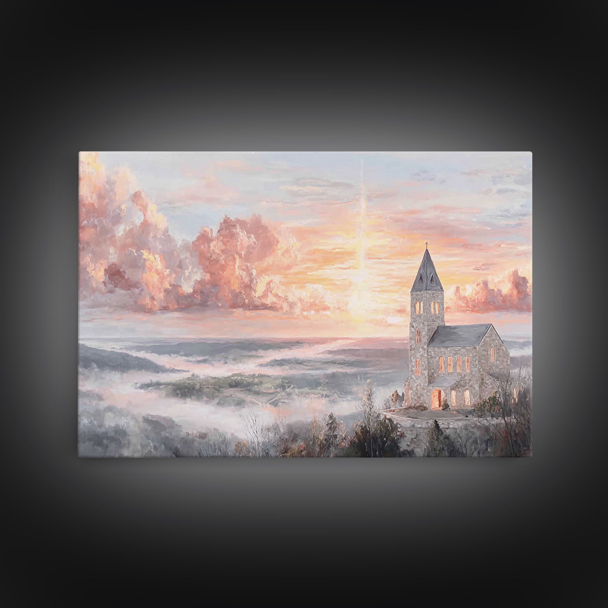 Dawn Over The Steeple, Framed Canvas Print, Christian Wall Art, Christian Art Canvas, Christian Art, Christian Decorations, Christian Gift