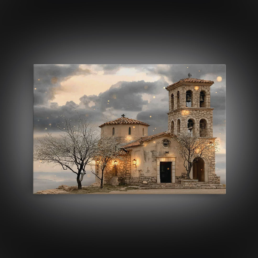 Stone Chapel Glow | Framed Canvas Print | Christian Wall Art | Christian Art Canvas | Vintage Christian Art | Christmas Art | Christian Chr