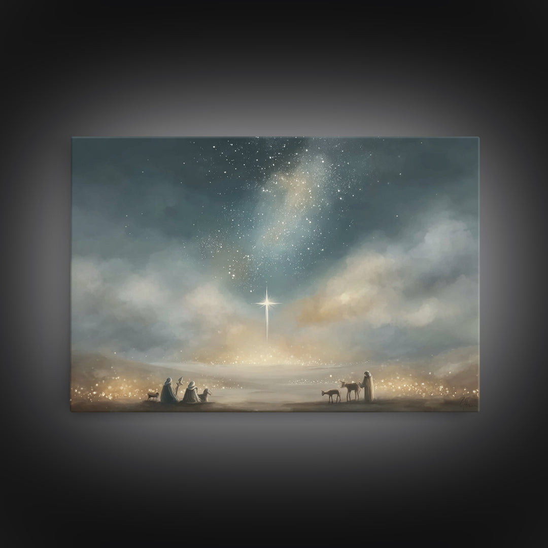 Bethlehem Star Glow, Framed Canvas Print, Christmas Wall Art, Christian Christmas Art, Christian Art Canvas, Moody Christmas Art, Christian