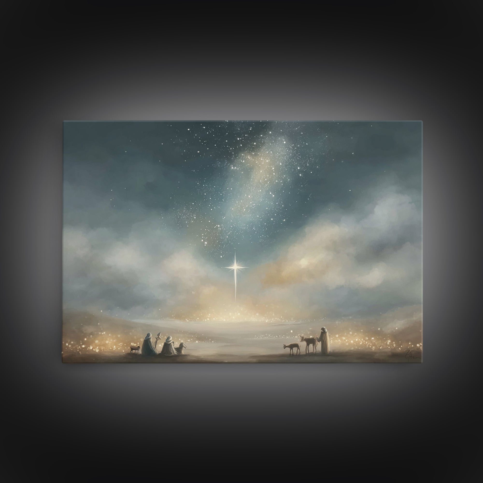 Bethlehem Star Glow, Framed Canvas Print, Christmas Wall Art, Christian Christmas Art, Christian Art Canvas, Moody Christmas Art, Christian