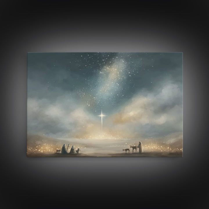 Bethlehem Star Glow, Framed Canvas Print, Christmas Wall Art, Christian Christmas Art, Christian Art Canvas, Moody Christmas Art, Christian