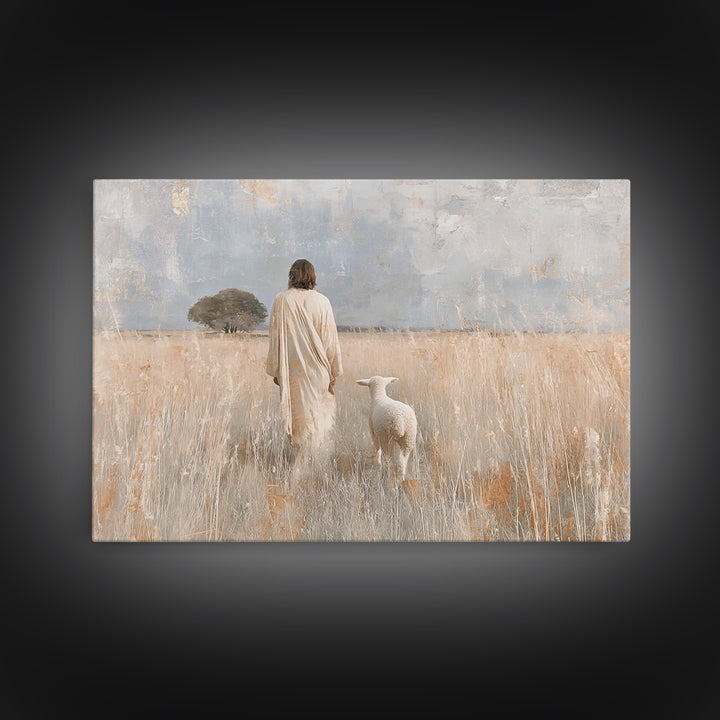 Gentle Shepherd Dawn - Framed Canvas Print - Christian Wall Art - Jesus Painting - Christian Art Canvas - Christian Decor - Pastoral Scener