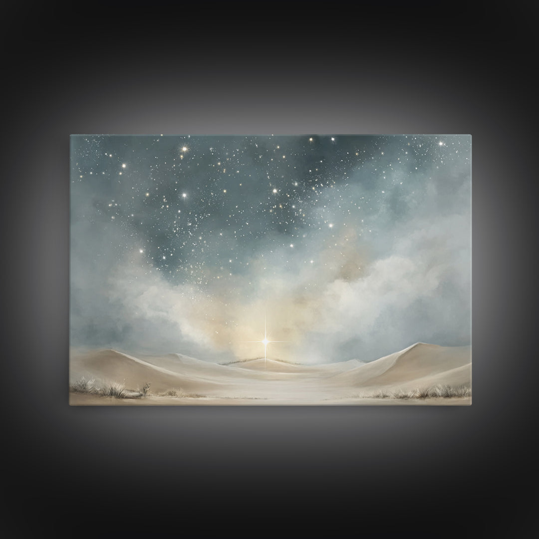 Holy Desert Light, Framed Canvas Print, Christian Art Print, Christian Christmas Art, Christian Wall Art, Jesus Painting, Christmas Decor,