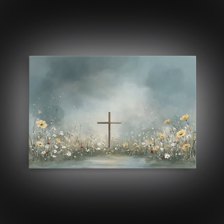 Blooming Cross Light, Framed Canvas Print, Christian Art Canvas, Christian Wall Art, Modern Christian Art, Christian Painting