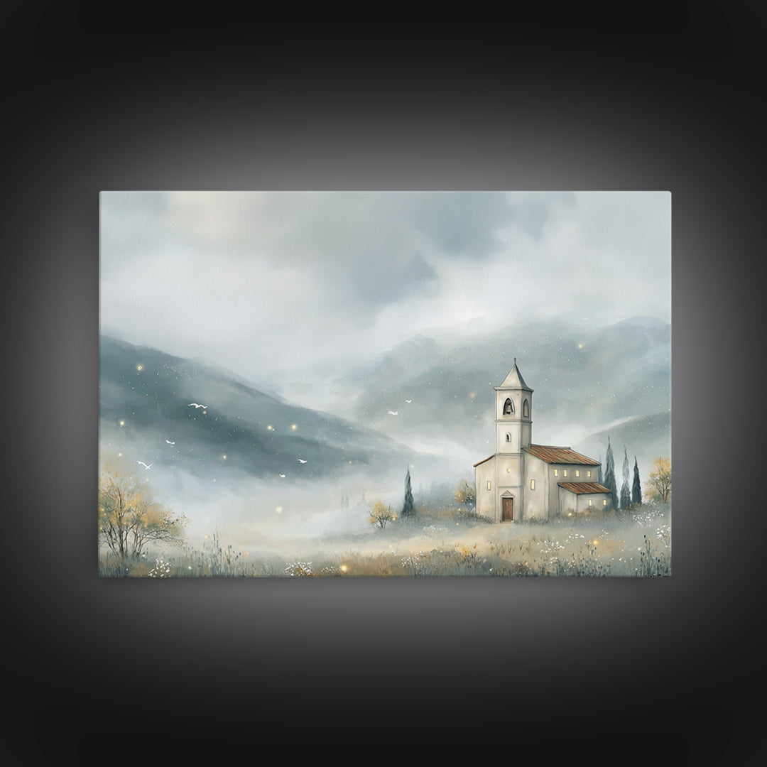 Chapel In The Mist | Framed Canvas Print | Christian Wall Art | Christian Art Canvas | Christian Art Print | Christian Gift