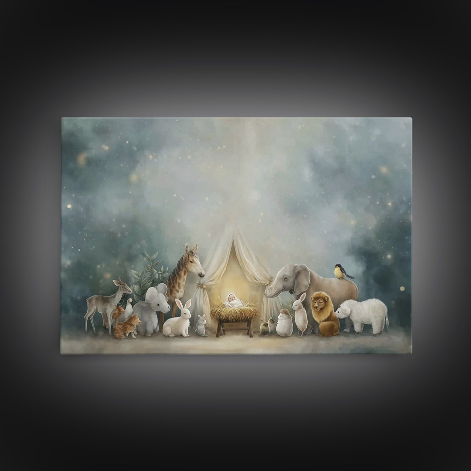 Gentle Night Glow, Framed Canvas Print, Christian Wall Art, Christian Christmas Art, Christian Art Canvas, Christmas Art Prints