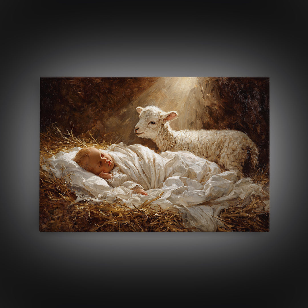 Silent Straw Blessing | Framed Canvas Print | Christian Art Canvas | Christian Christmas Art | Christian Wall Art | Jesus Painting