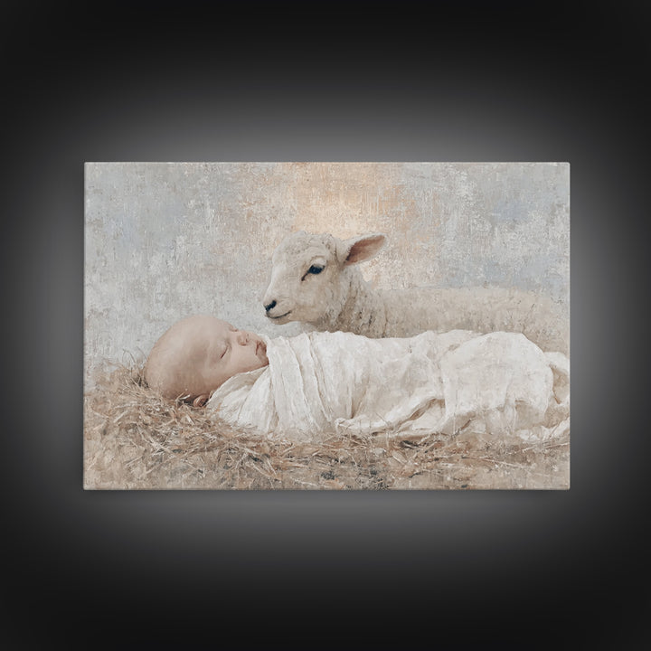 Little Lamb Grace, Framed Canvas Print, Christian Wall Art, Christian Art Canvas, Christmas Art, Christian Painting