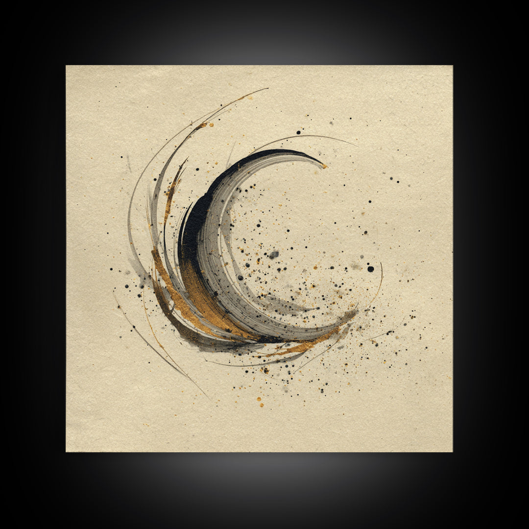 Crescent Moon Made from Elegant Ink Swashes Framed Canvas Print, Calligraphy Art, Japanese Decor, Living Room Decor, Script, CAL-1x1-21